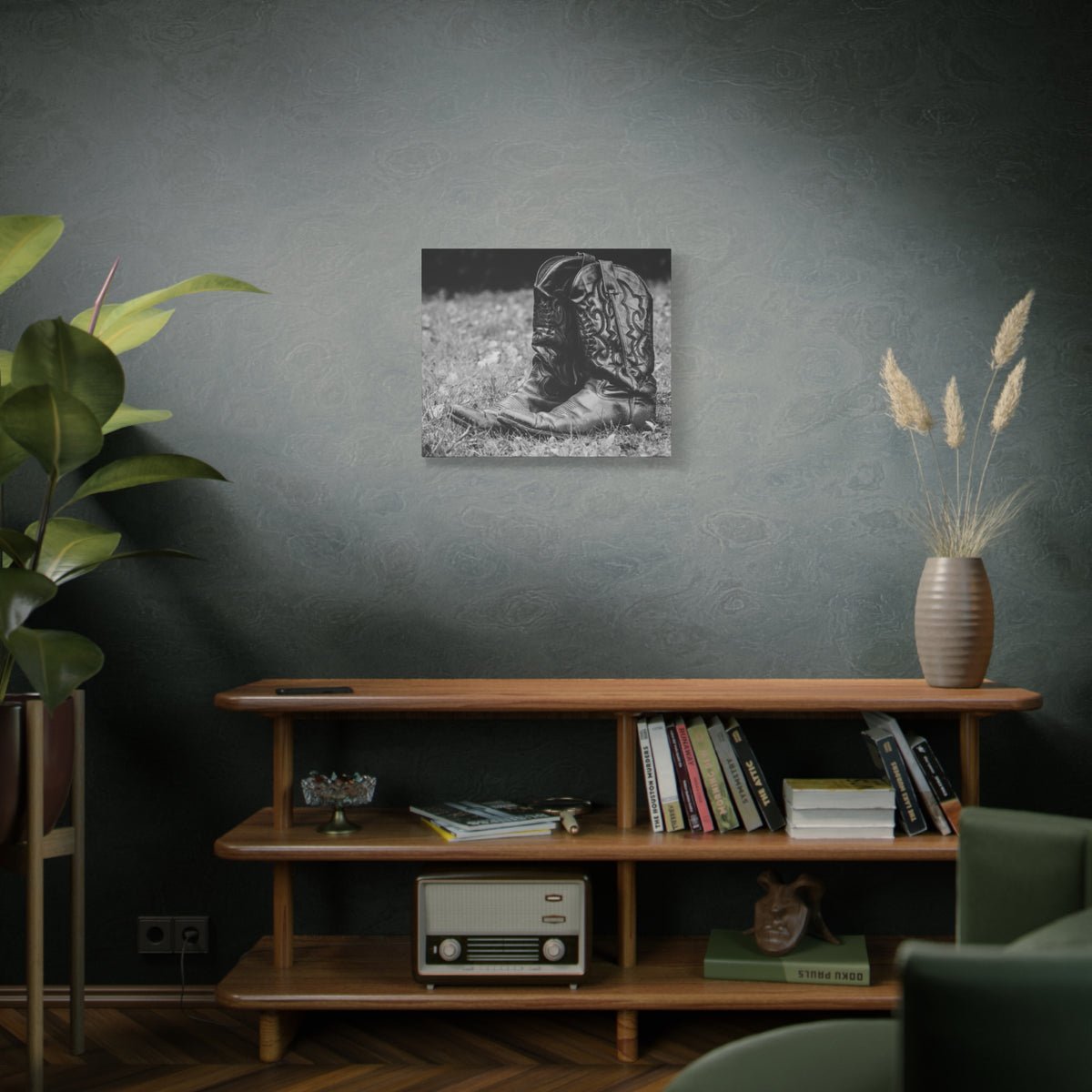 Western Cowboy Boots Matte Canvas Wall Art – Black & White Rustic Country Decor