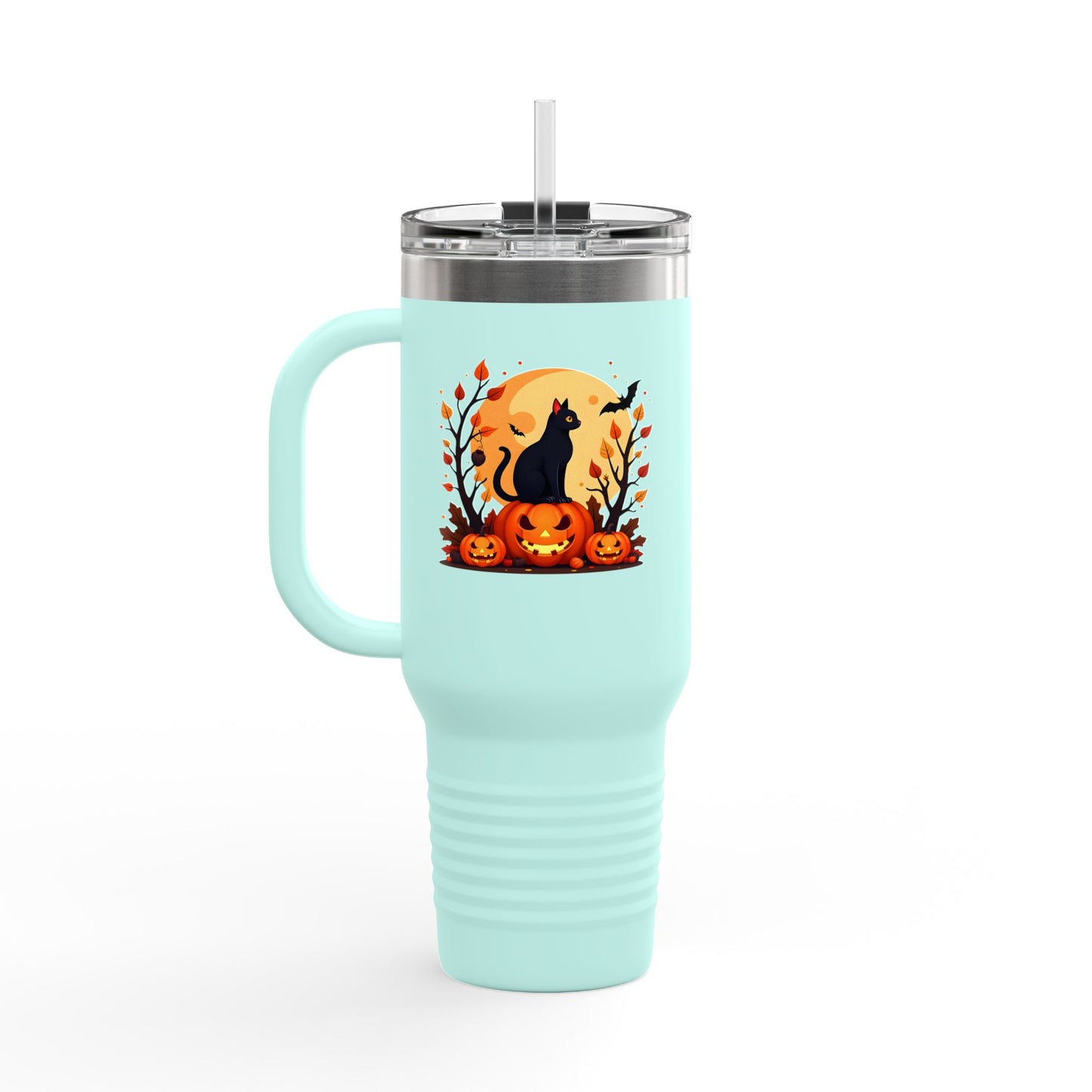 Halloween Cat Insulated Travel Mug | 40oz, Fall Coffee Tumbler, Pumpkin Travel Cup, Spooky Drinkware, Gift for Cat Lovers