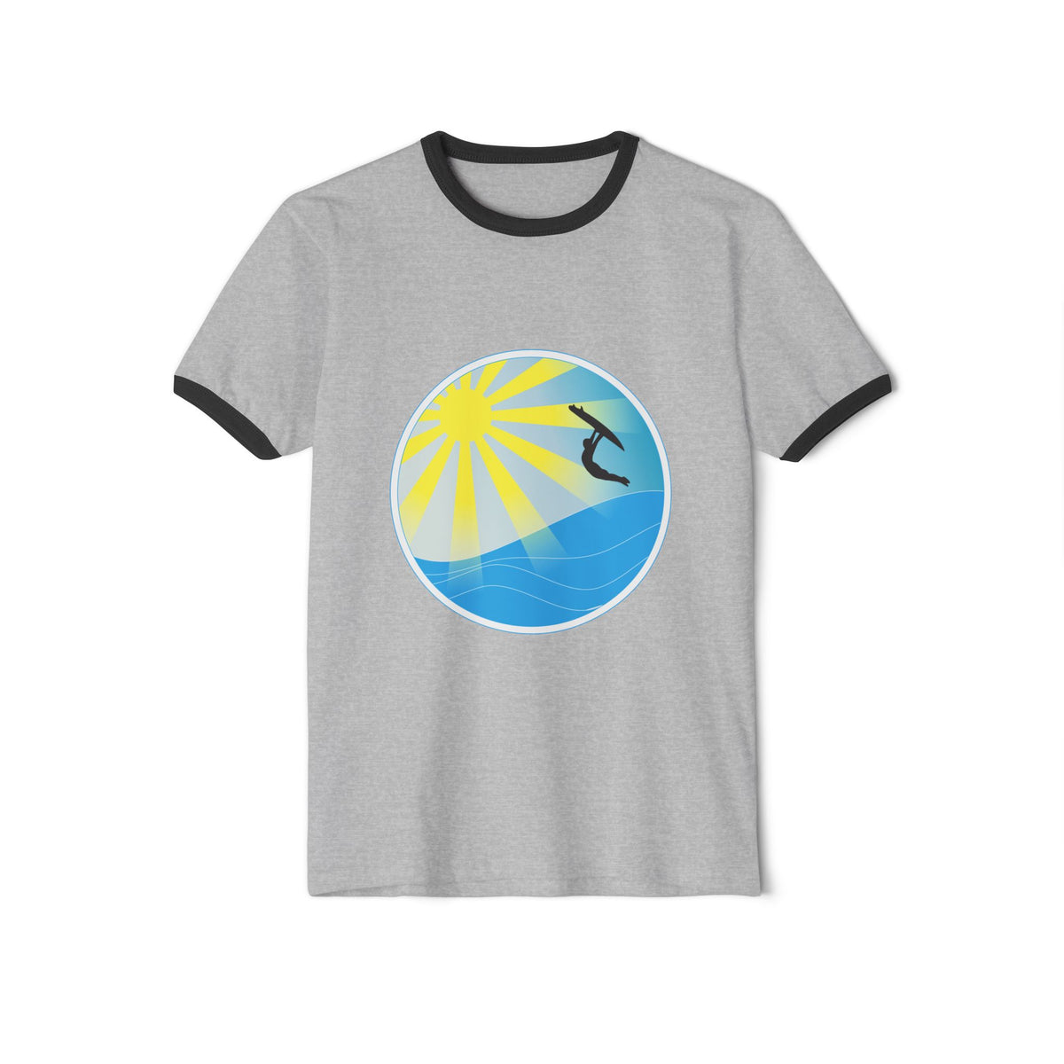 Surf Circle Ringer T-Shirt – Sunny Wave & Surfer Graphic