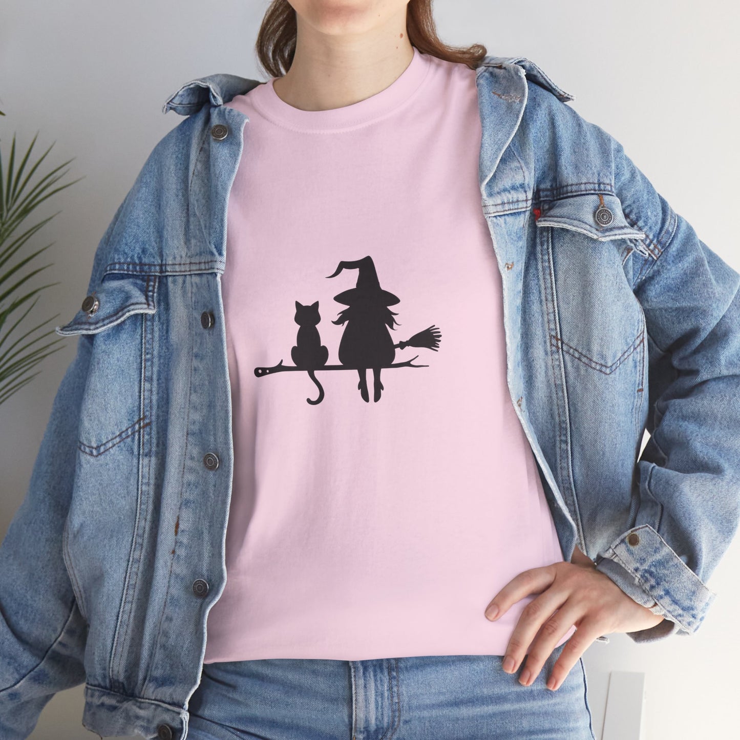 Witch and Cat Tee | Spooky Unisex Shirt for Halloween | Cute Witchwear for Cat Lovers | Fall Wardrobe Essential | Gift for Magical Friends