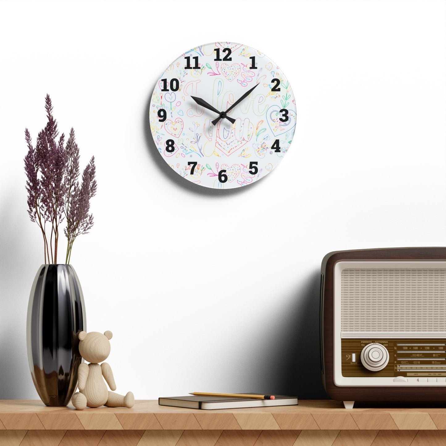 Whimsical Acrylic Wall Clock - Love You Decor, Heart Design, Gift for Her,