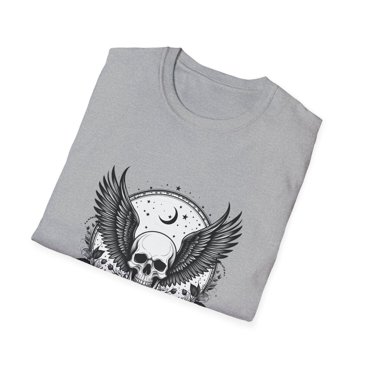 Skull Wings T‑Shirt – Crescent Moon & Red Roses Gothic Graphic Tee