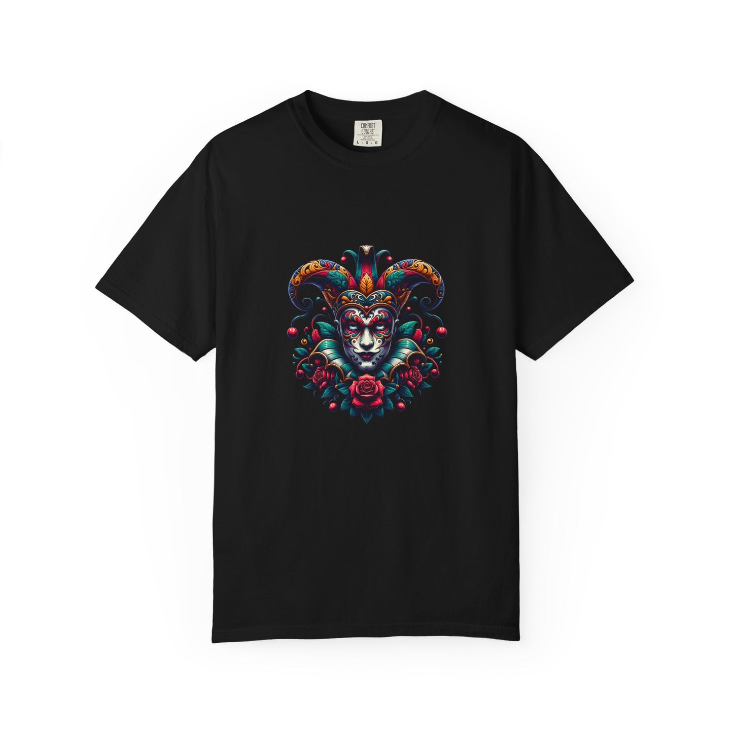 Vibrant Unisex Garment-Dyed T-shirt Featuring Colorful Jester Design, Festival Fashion