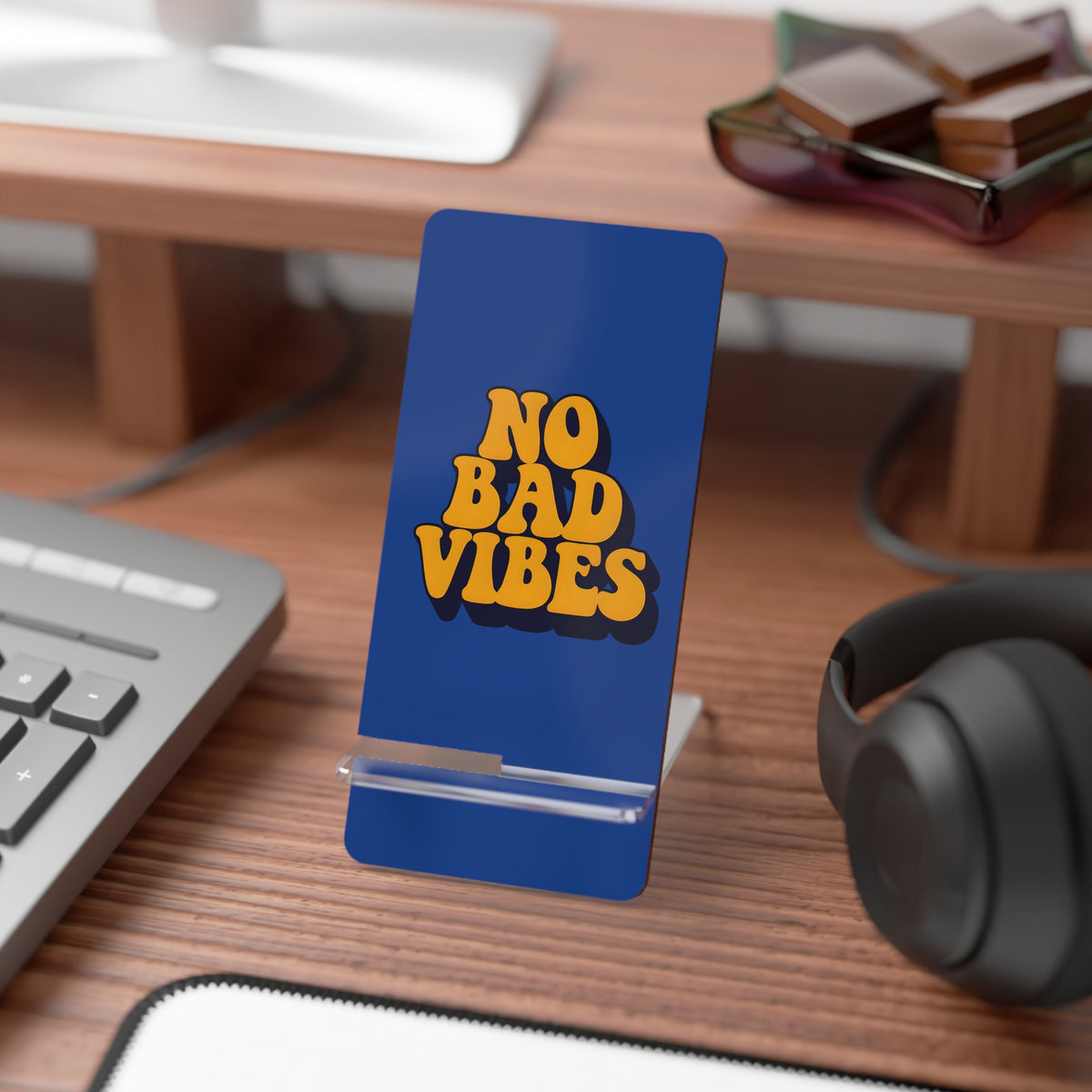 Vibrant Smartphone Stand, No Bad Vibes Desktop Holder, Phone Display, Modern Office Decor, Gift for Tech Lovers, Home Office Essentials