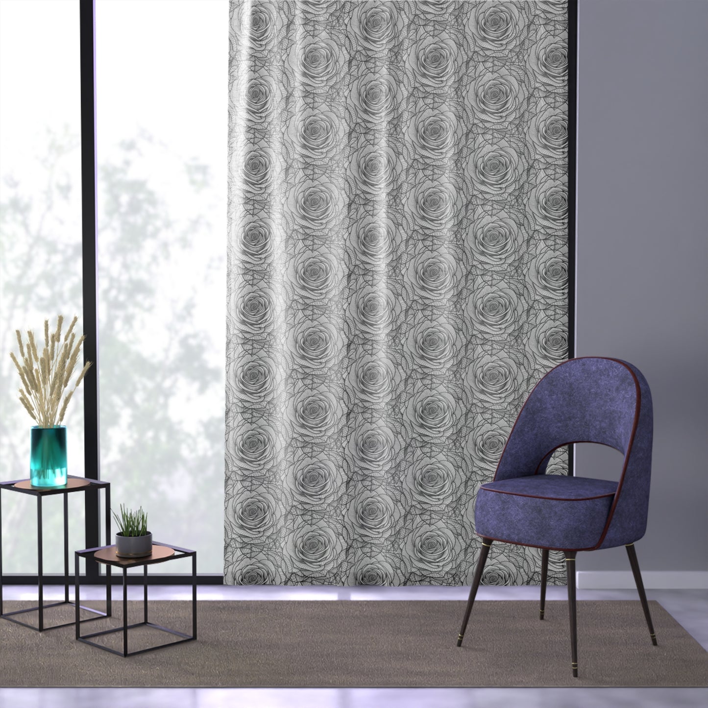 Elegant Grey Rose Pattern Window Curtain | Floral Home Decor, Sheer Drapes, Living Room Curtains, Modern Window Treatment, Wedding Gifts