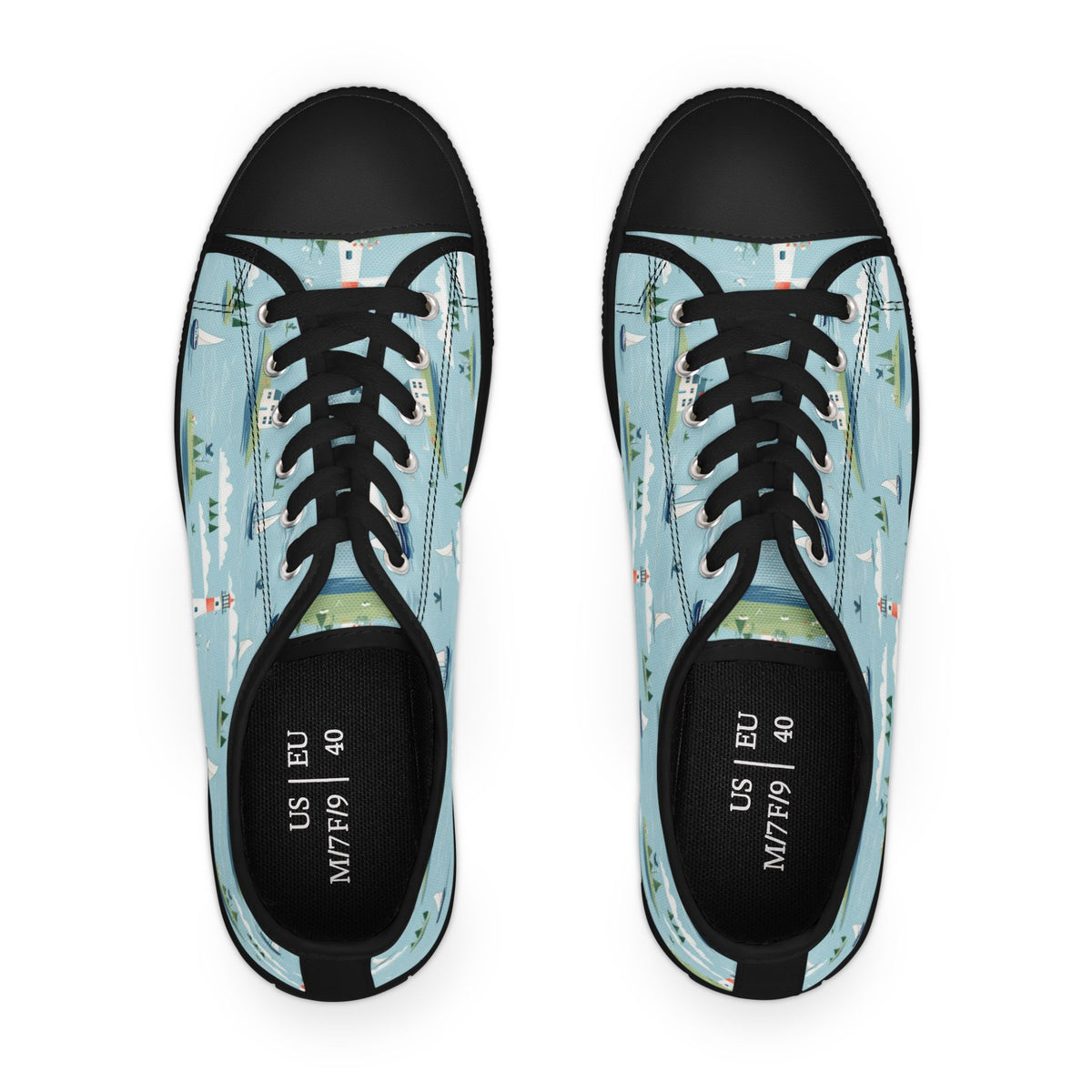 Low Top Sneakers — Nautical Lighthouse Pattern, Cute Coastal Women’s Casual Shoes