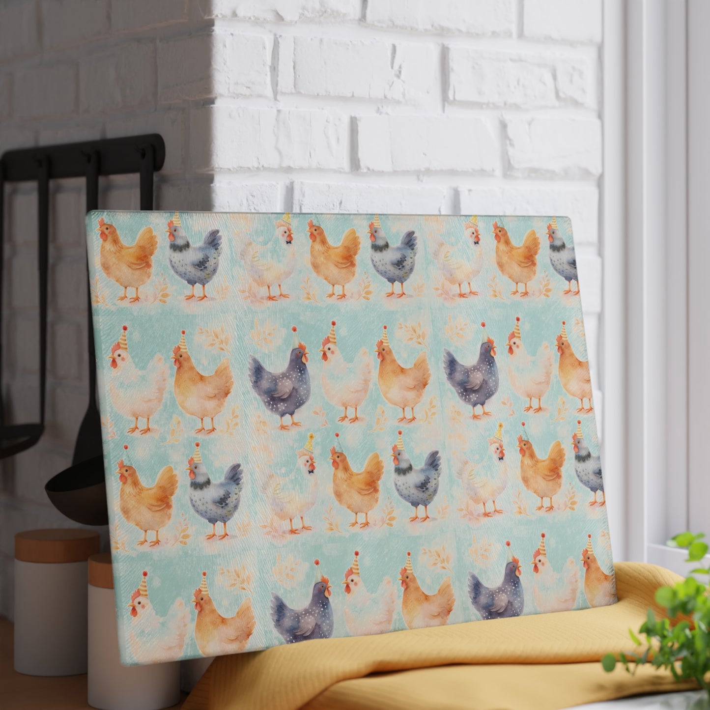 Chicken Pattern Glass Cutting Board — Watercolor Farmhouse Kitchen Decor