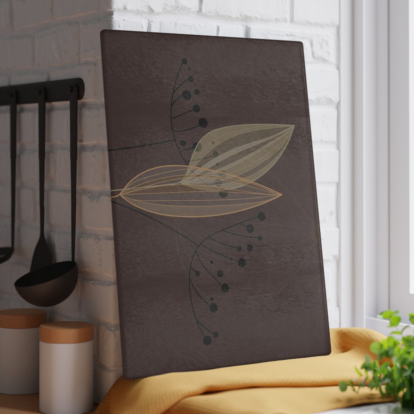 Elegant Glass Cutting Board with Leaf Design, Kitchen Decor, Housewarming Gift, Culinary Art, Modern Kitchen Accessory