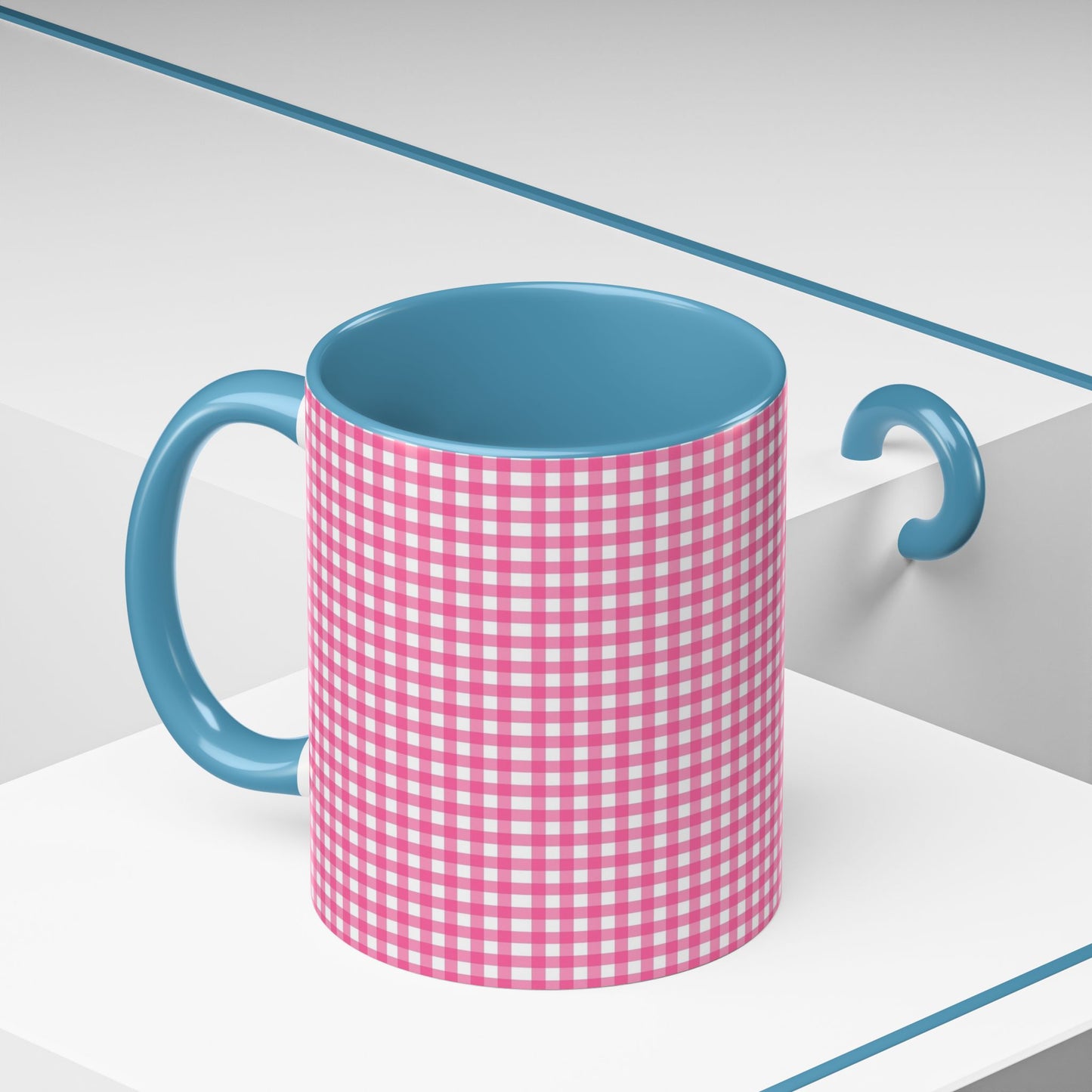 Pink Gingham Accent Coffee Mug, Cute Kitchen Decor, Gift for Coffee Lovers, Home Office Mug, Spring and Summer Vibes
