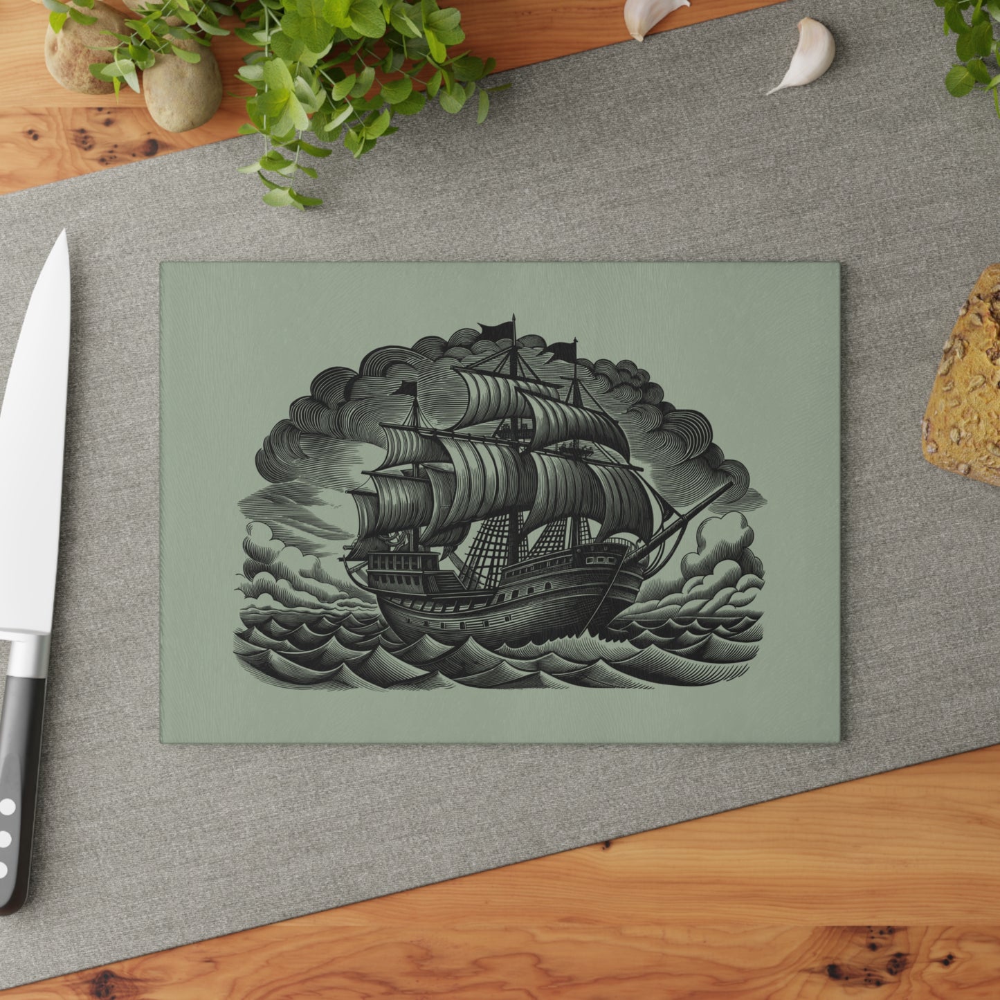 Nautical Glass Cutting Board with Ship Design - Kitchen Decor, Gift for Chefs, Housewarming, Anniversary, Maritime Themed Gift