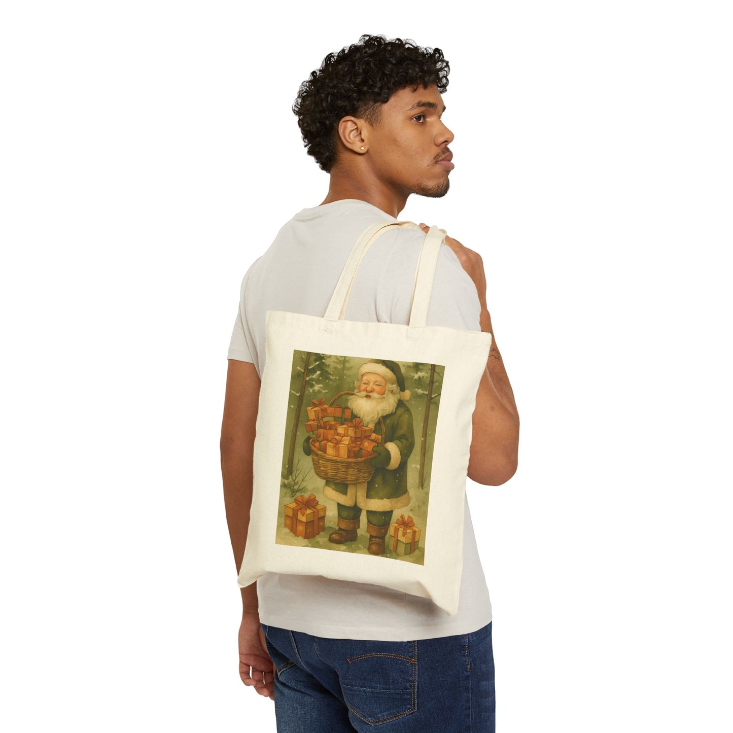 Vintage Santa Cotton Canvas Tote Bag, Holiday Shopping Tote, Eco-Friendly Gift Bag, Festive Christmas Tote, Santa Claus Bag