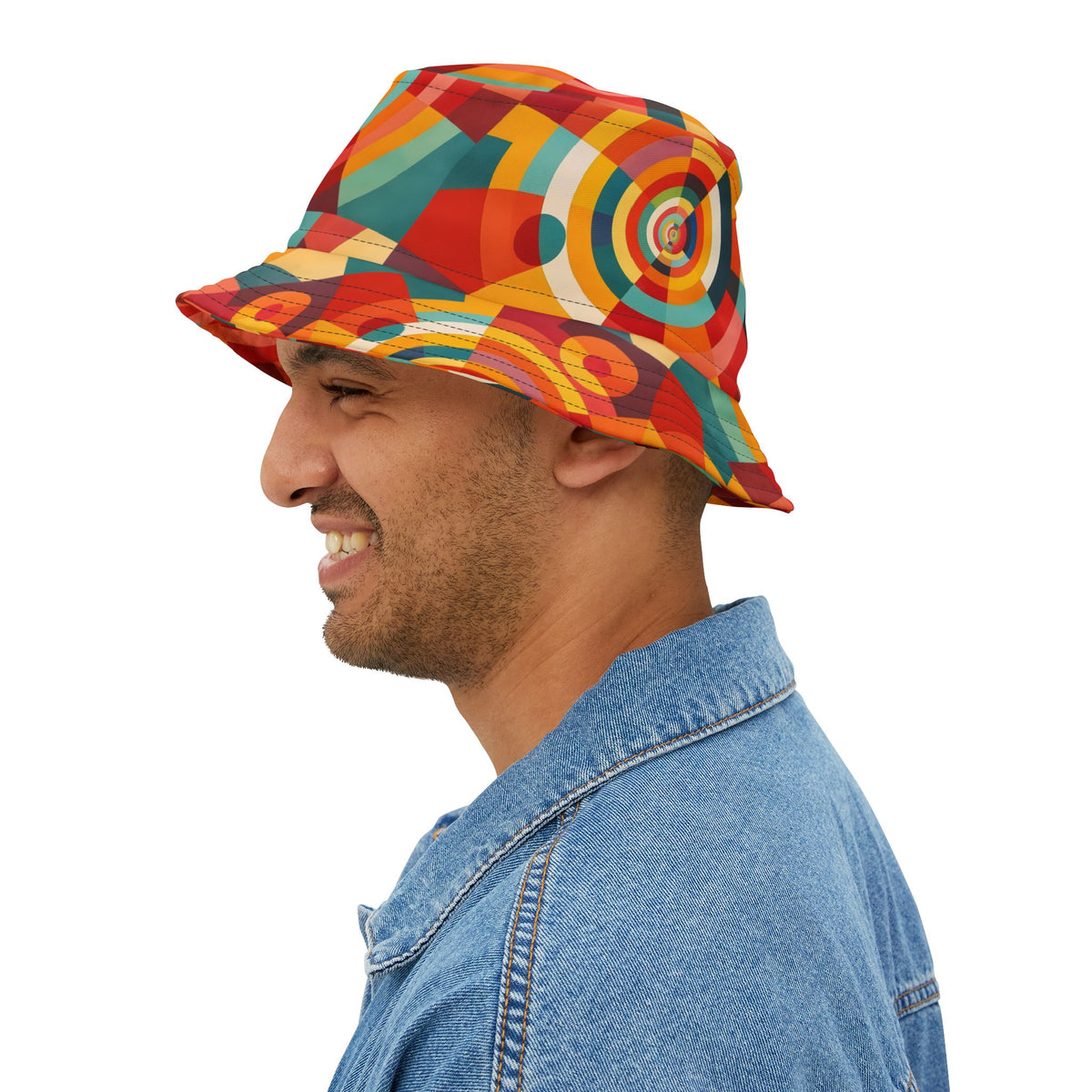 Retro Geometric Bucket Hat — Colorful 70s-Inspired Abstract Print