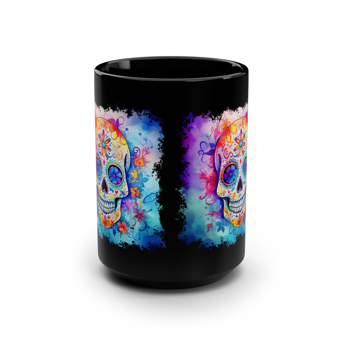 15oz Black Mug — Colorful Watercolor Sugar Skull Coffee Cup