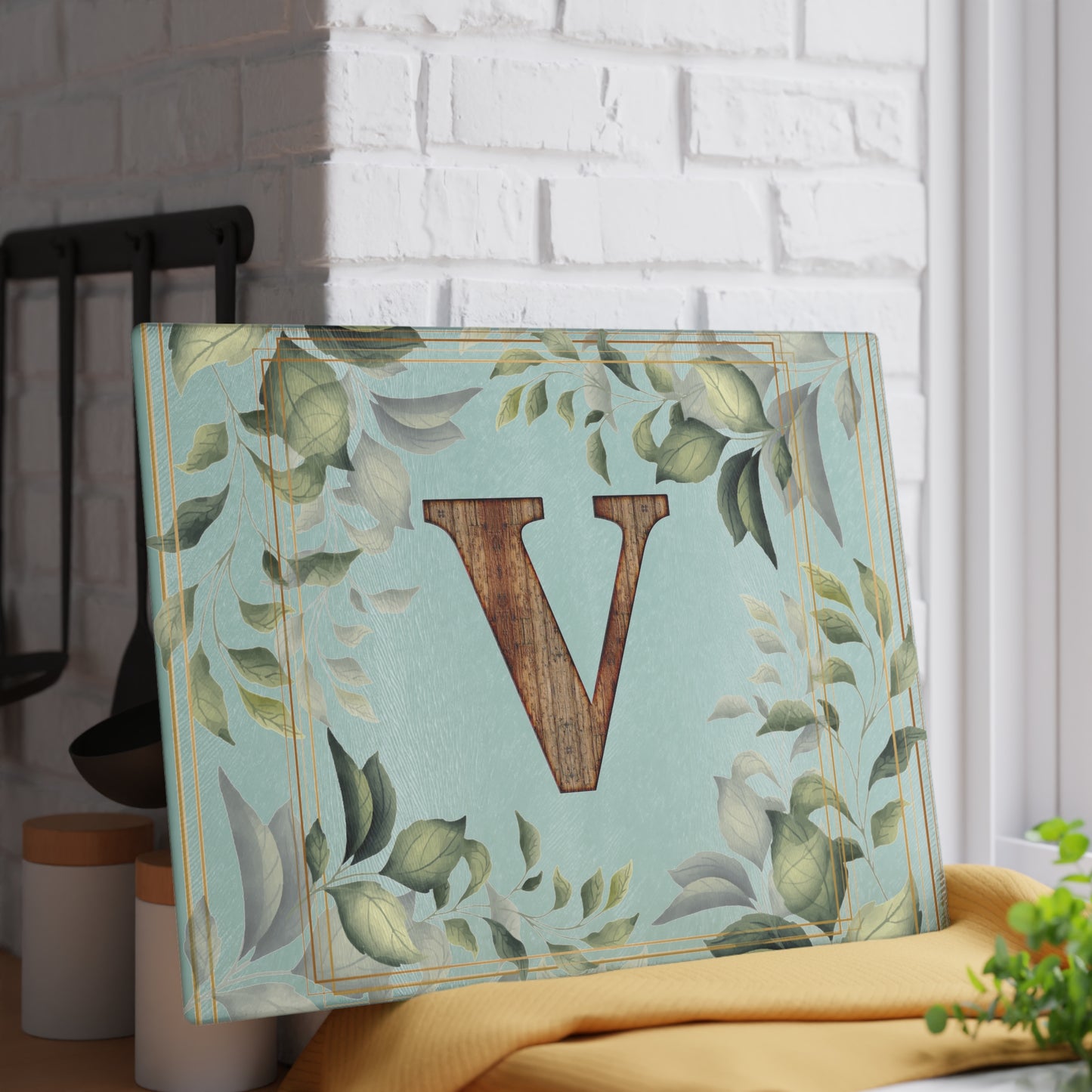Monogram Glass Cutting Board — Rustic Wood “V” with Greenery Border