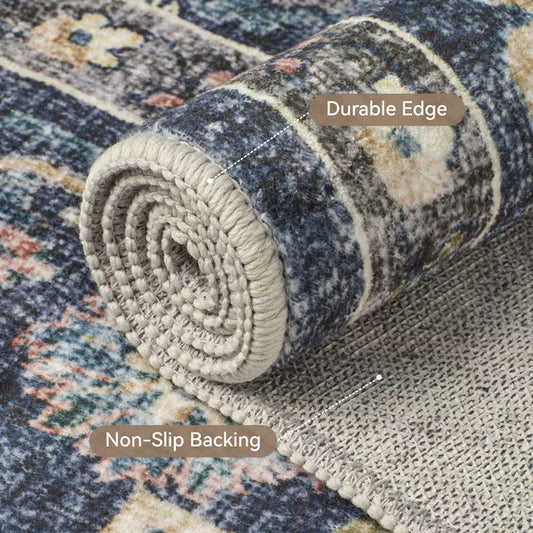 SIXHOME 9'x12' Area Rugs for Living Room, Washable Vintage Retro Rug, Soft Distressed Indoor Carpet, Neutral Non-Slip Area Rug for Bedroom, Dark Blue