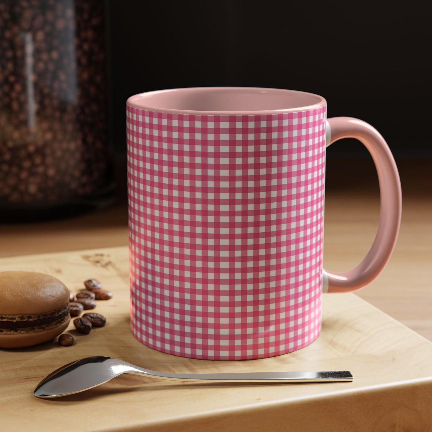 Pink Gingham Accent Coffee Mug, Cute Kitchen Decor, Gift for Coffee Lovers, Home Office Mug, Spring and Summer Vibes