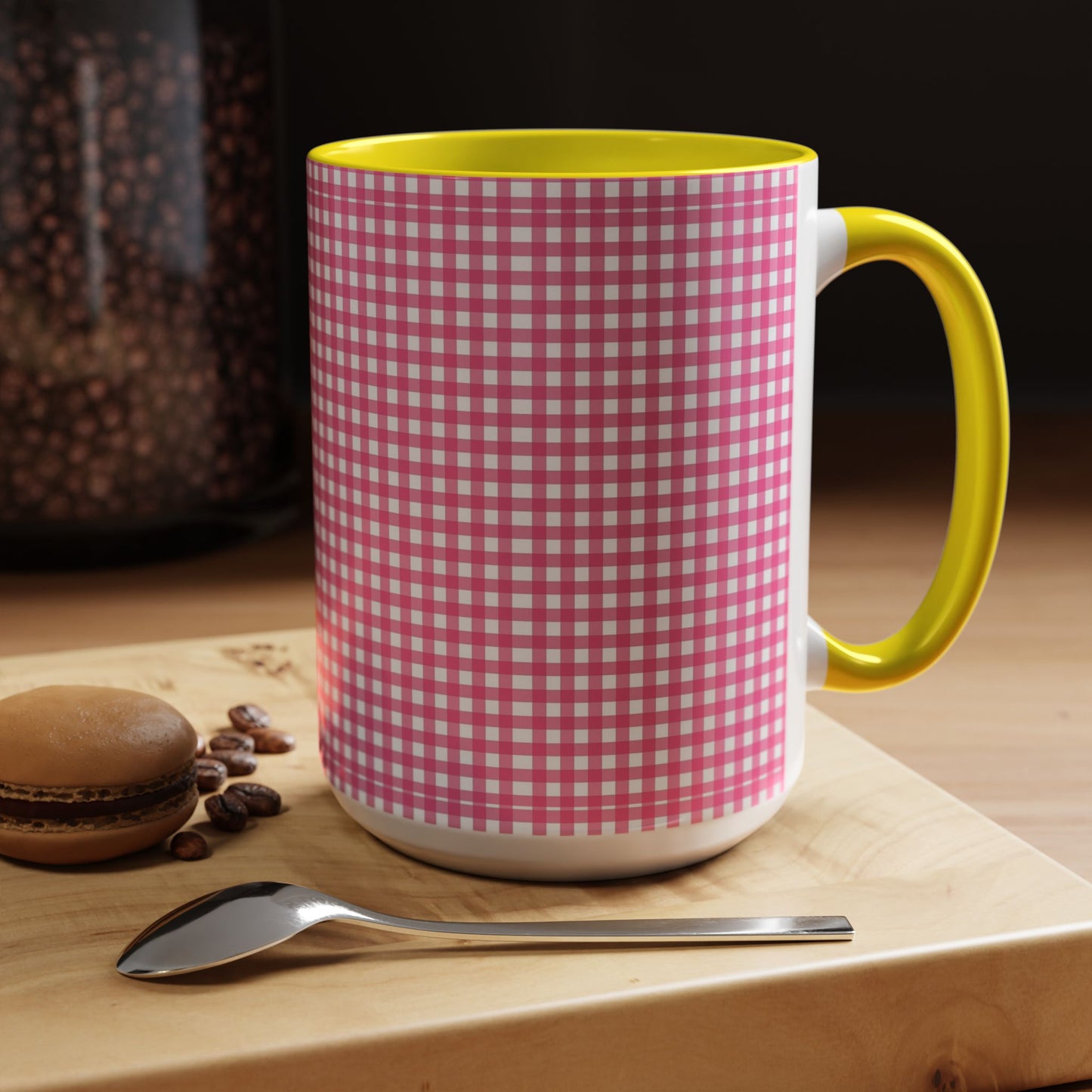 Pink Gingham Accent Coffee Mug, Cute Kitchen Decor, Gift for Coffee Lovers, Home Office Mug, Spring and Summer Vibes