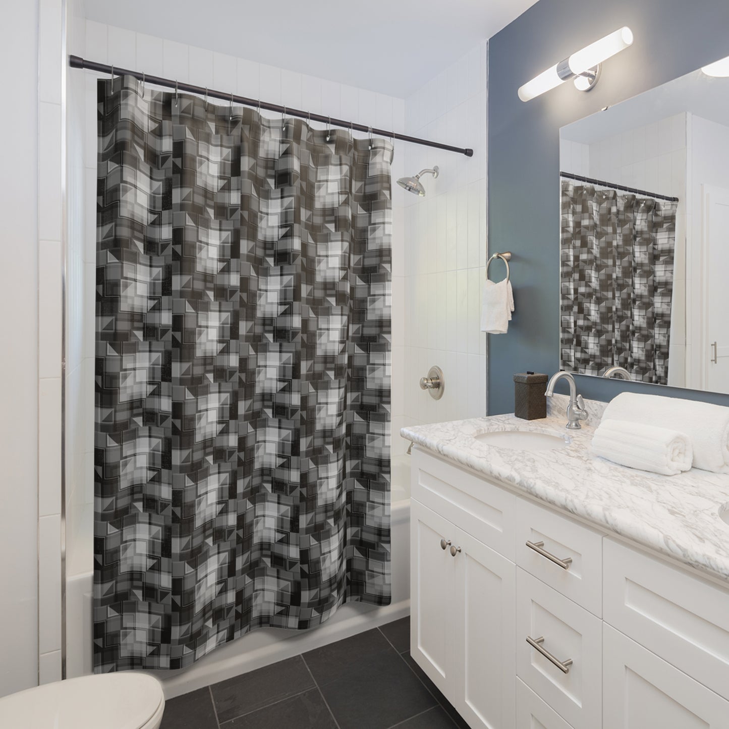Geometric Pattern Shower Curtain for Modern Bathrooms, Chic Shower Decor, Black and White Bath Accessory, Stylish Home Upgrade