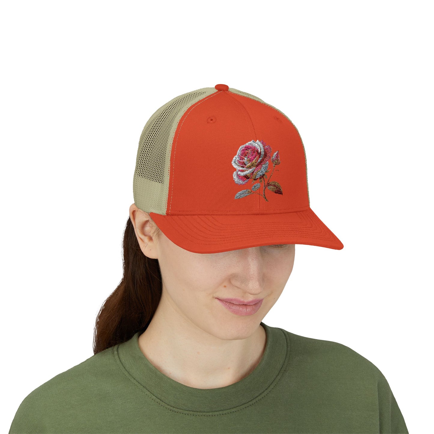 Rose Embellished Snapback Trucker Cap, Casual Hat for Outdoor Events, Gift for Flower Lovers, Stylish Fashion Accessory, Holiday Cap