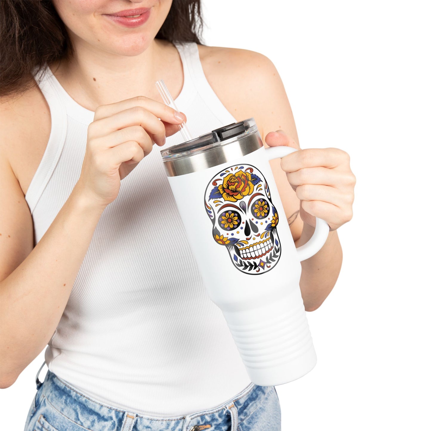 Day of the Dead Insulated Travel Mug, 40oz Skull Design, Coffee Tumbler, Gift