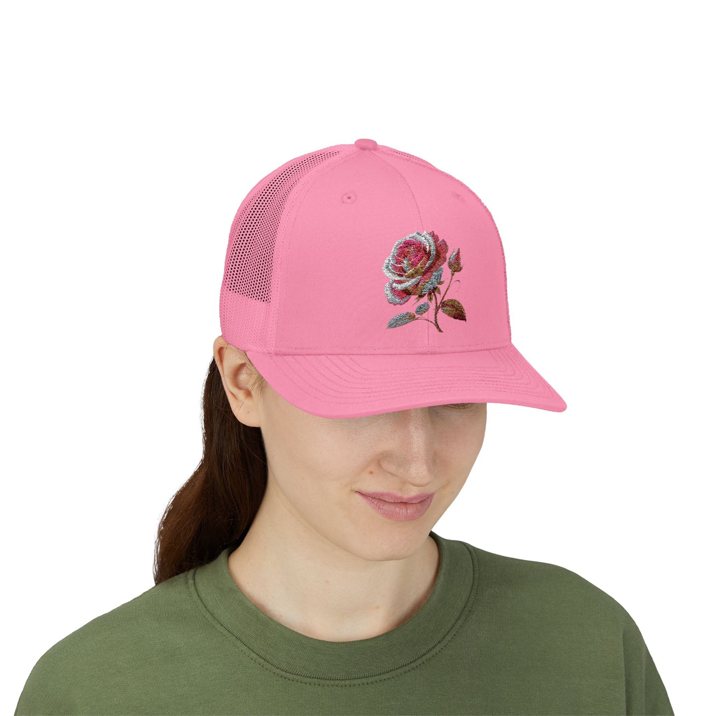 Rose Embellished Snapback Trucker Cap, Casual Hat for Outdoor Events, Gift for Flower Lovers, Stylish Fashion Accessory, Holiday Cap