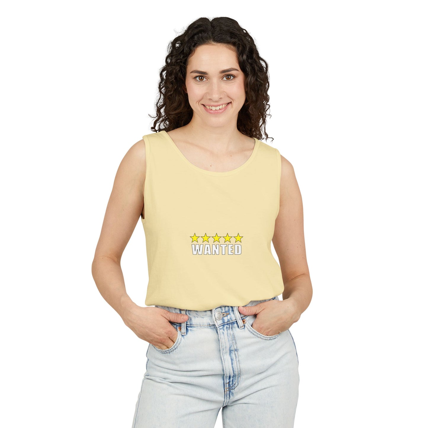 5-Star "WANTED" Garment-Dyed Tank Top, Unisex Summer Shirt, Gift for Him/Her, Trendy Casual Wear, Pool Party Outfit, Unique Graphic Tee