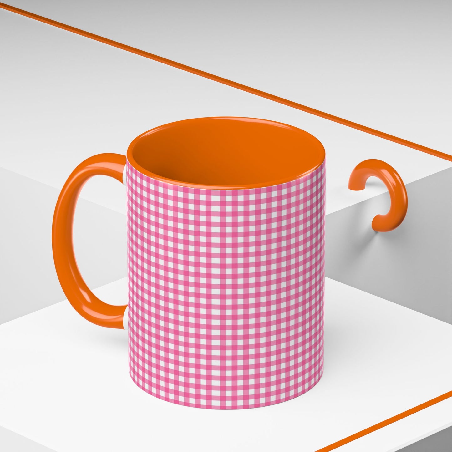 Pink Gingham Accent Coffee Mug, Cute Kitchen Decor, Gift for Coffee Lovers, Home Office Mug, Spring and Summer Vibes