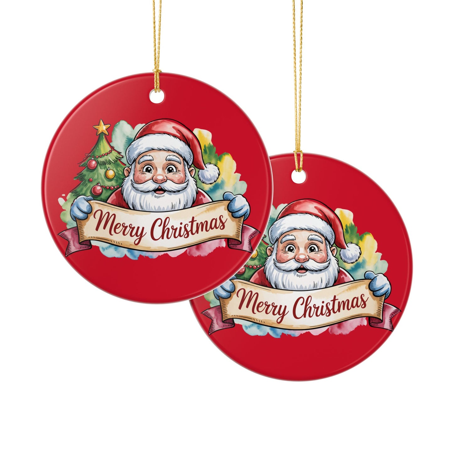 Santa Claus "Merry Christmas" Ceramic Ornament – Double-Sided Holiday Tree Decoration