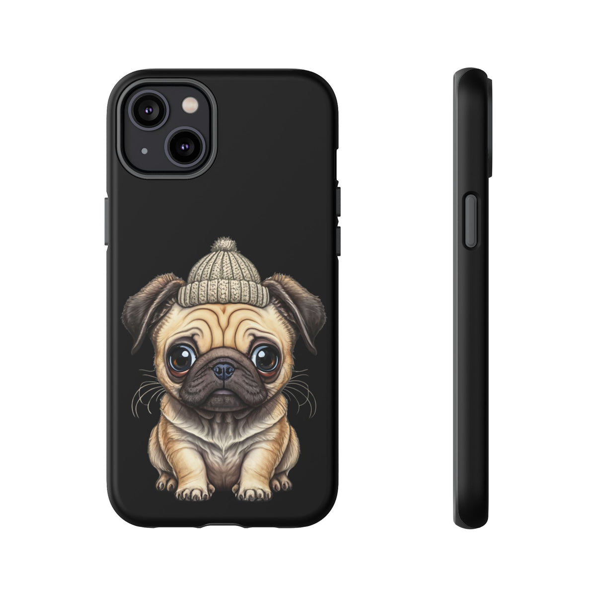 Pug Phone Case – Cute Pug Puppy Illustration on Black Tough Case
