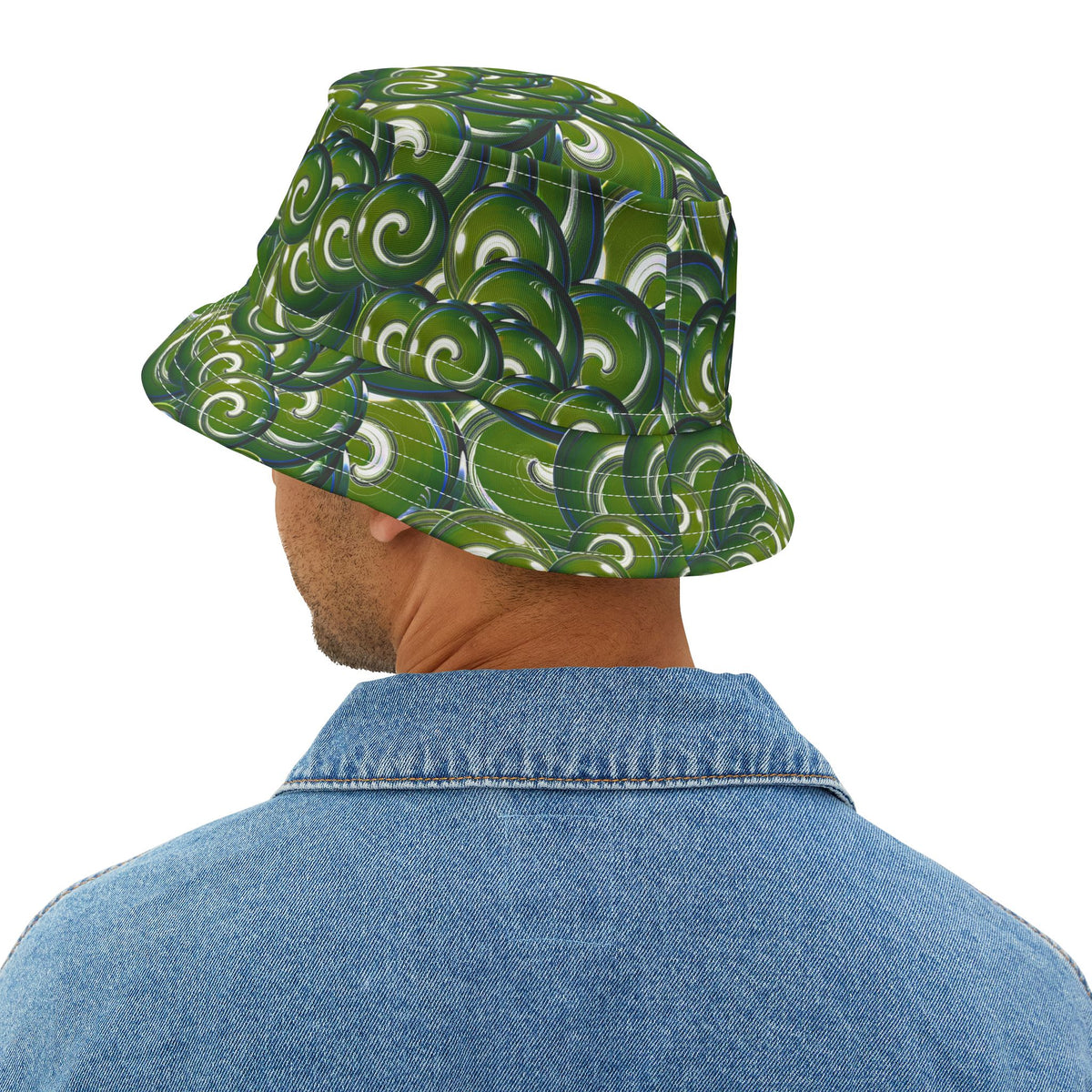 Green Swirl Pattern Bucket Hat – All-Over Print Casual Sun Hat
