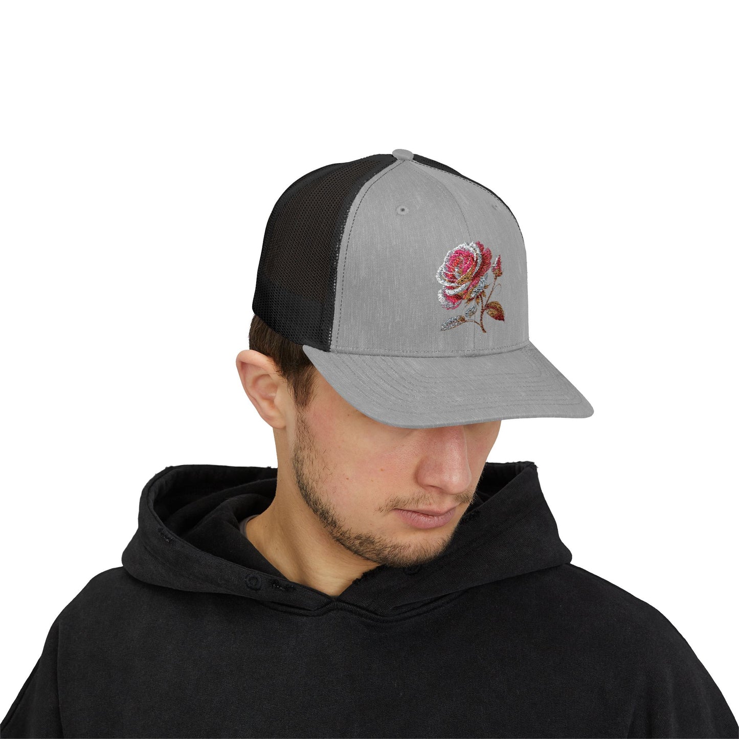 Rose Embellished Snapback Trucker Cap, Casual Hat for Outdoor Events, Gift for Flower Lovers, Stylish Fashion Accessory, Holiday Cap