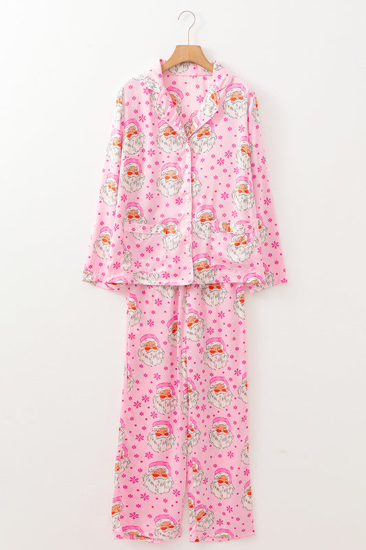 Pink Santa Claus Snowflake Long Sleeve Shirt Pajama Set