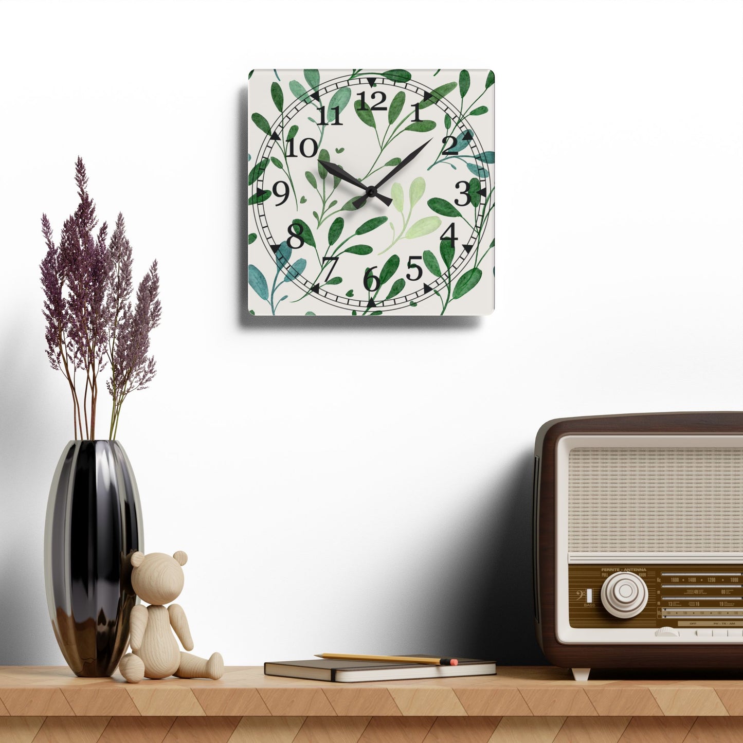 Nature Inspired Acrylic Wall Clock, Greenery Home Decor, Modern Timepiece