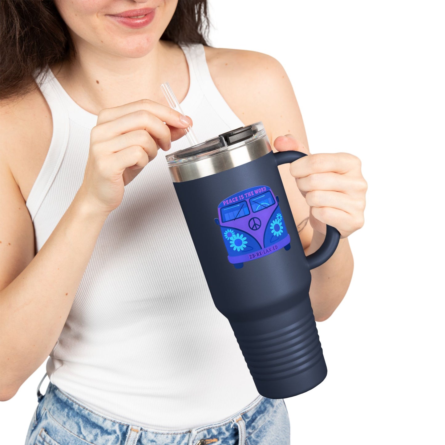 Peaceful Vibes Insulated Travel Mug | 40oz Cooler, Eco-Friendly Drinkware, Unique Gift for Travelers, Road Trip Essential, Custom Cup