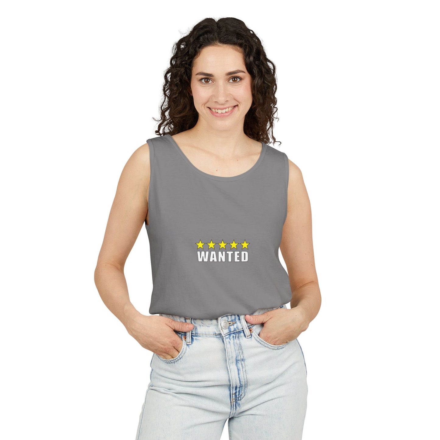 5-Star "WANTED" Garment-Dyed Tank Top, Unisex Summer Shirt, Gift for Him/Her, Trendy Casual Wear, Pool Party Outfit, Unique Graphic Tee
