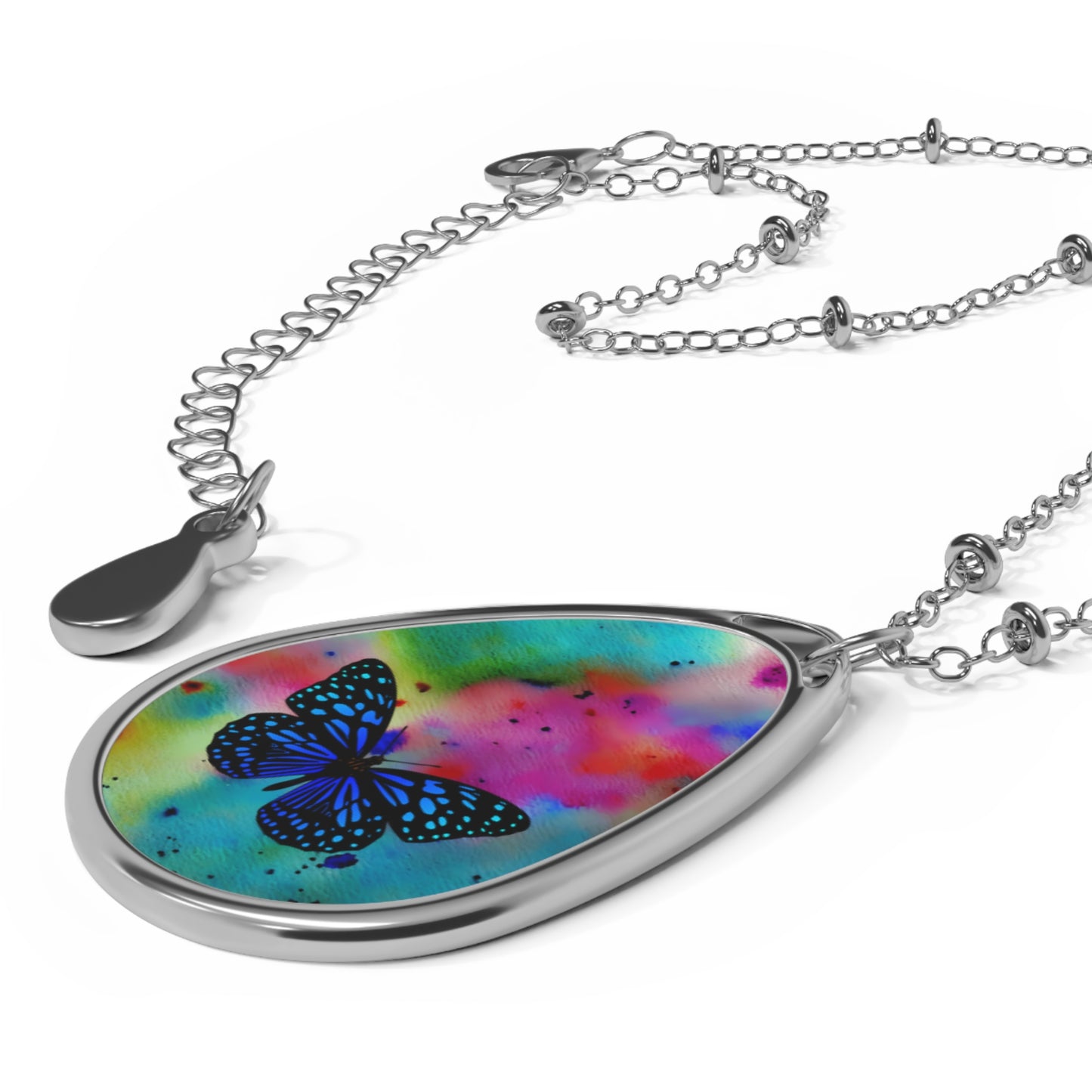 Colorful Butterfly Oval Necklace, Bohemian Jewelry, Gifts for Her, Nature-Inspired Pendant, Statement Accessory