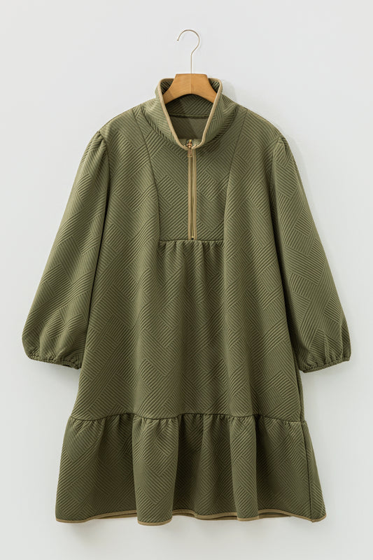 Jungle Green Plus Size Textured Contrast Trim Quarter Zip Bracelet Sleeve Mini Dress