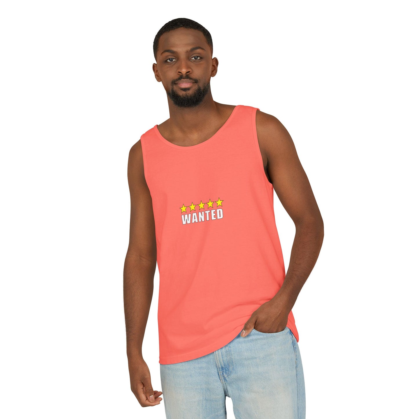 5-Star "WANTED" Garment-Dyed Tank Top, Unisex Summer Shirt, Gift for Him/Her, Trendy Casual Wear, Pool Party Outfit, Unique Graphic Tee