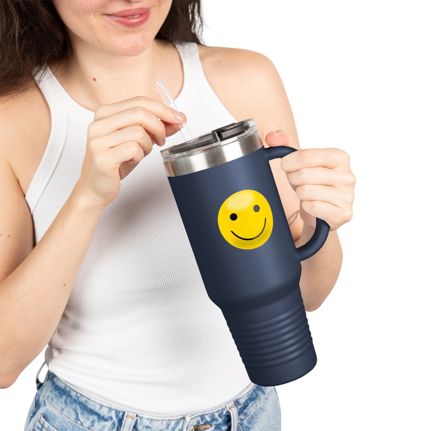 Smiley Face Insulated Travel Mug | 40oz Large Cup for Hot/Cold Beverages | Perfect for Travel & Gifting