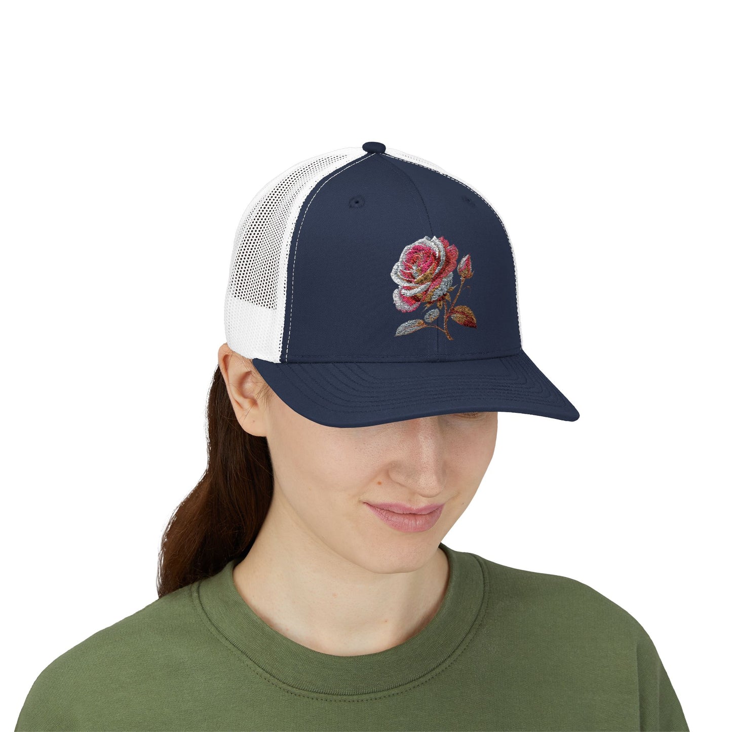 Rose Embellished Snapback Trucker Cap, Casual Hat for Outdoor Events, Gift for Flower Lovers, Stylish Fashion Accessory, Holiday Cap