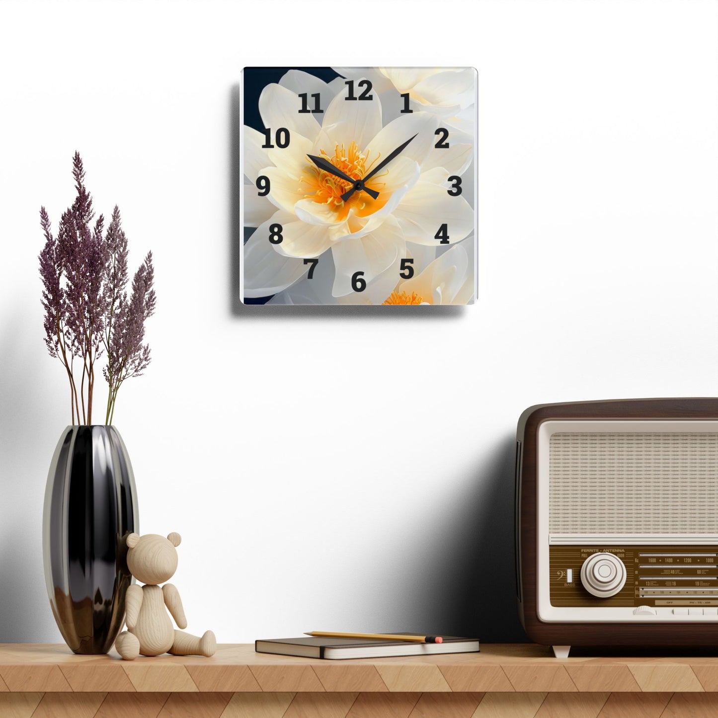 Elegant Bloom Acrylic Wall Clock, Floral Home Decor, Modern Wall Art