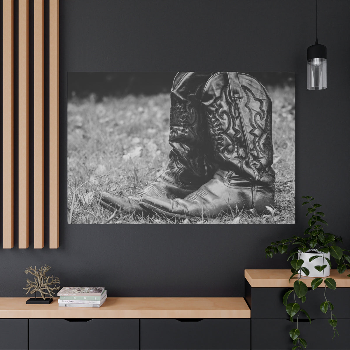 Western Cowboy Boots Matte Canvas Wall Art – Black & White Rustic Country Decor