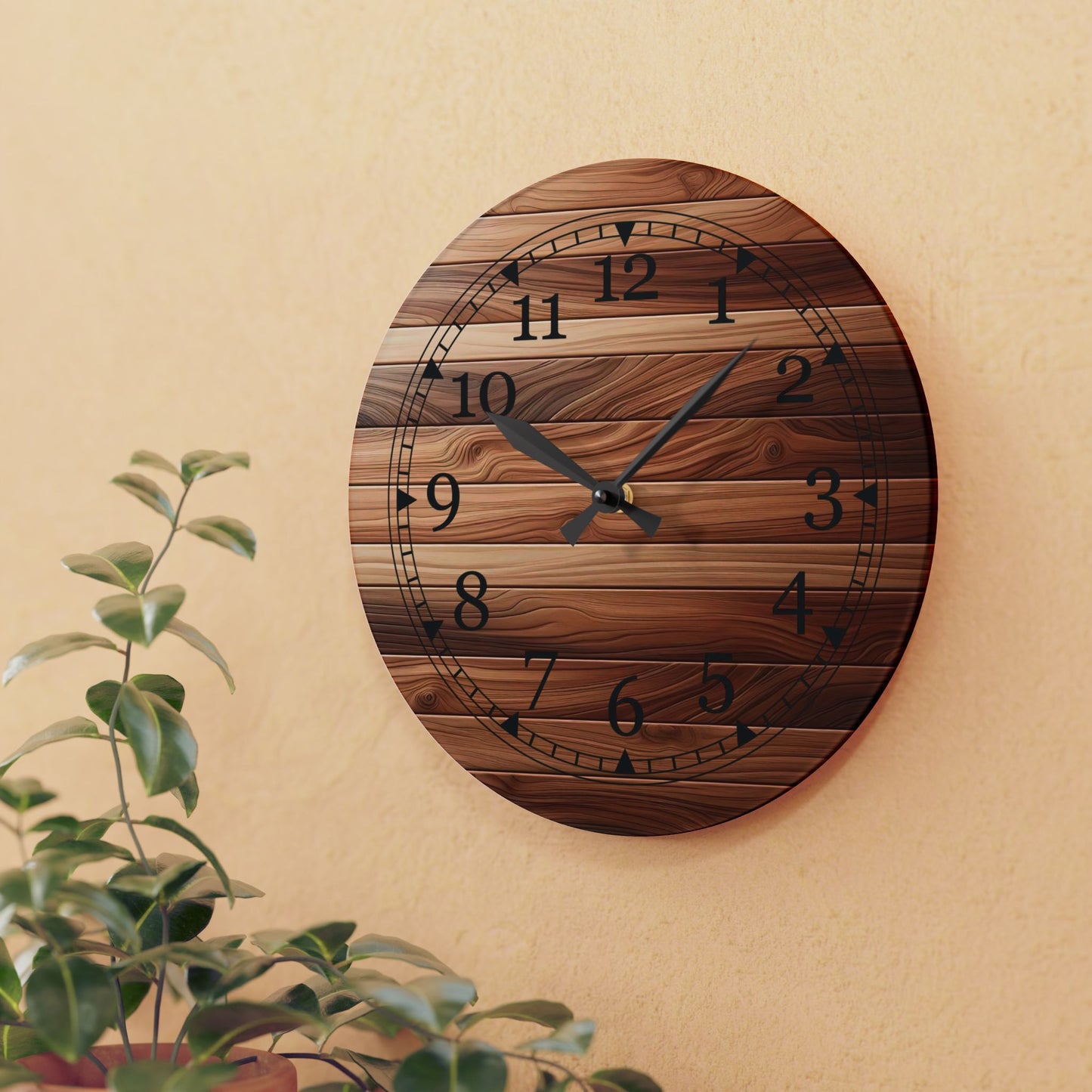 Rustic Wooden Design Acrylic Wall Clock, Home Decor, Gift for Her, Farmhouse Style, Kitchen Wall Art