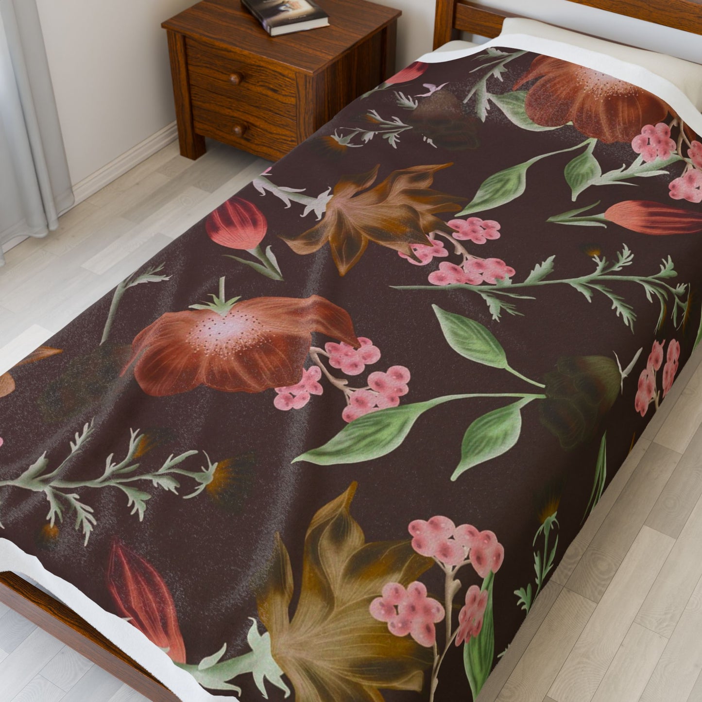 Floral Skull Velveteen Blanket, Cozy Throw, Living Room Decor, Gift for Her, Soft Bedding, Boho Home Accent