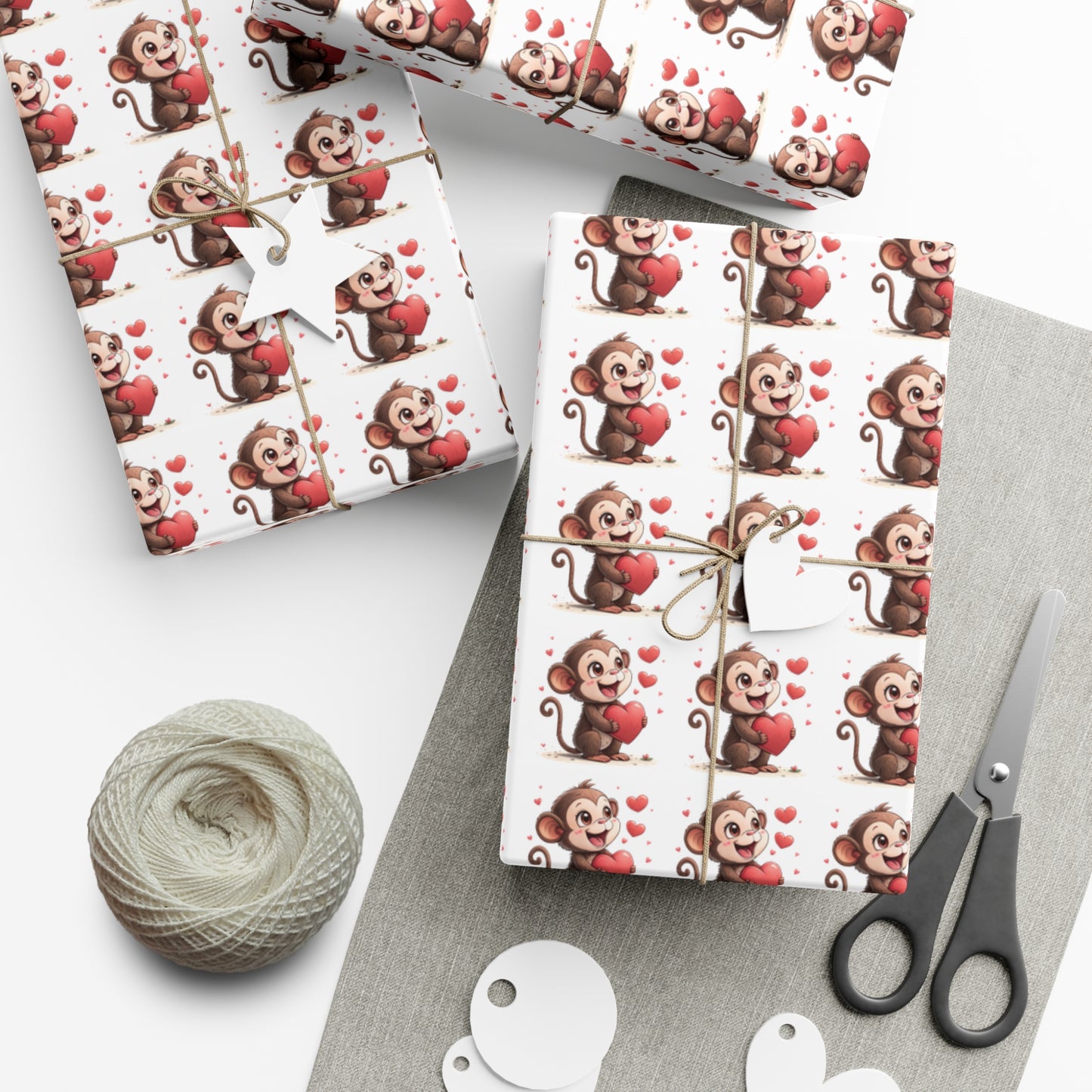 Cute Monkey Valentine's Gift Wrap Paper, Festive Wrapping Paper for Kids, Holiday Gift Wrap, Birthday Wrap, Monkey Love Print
