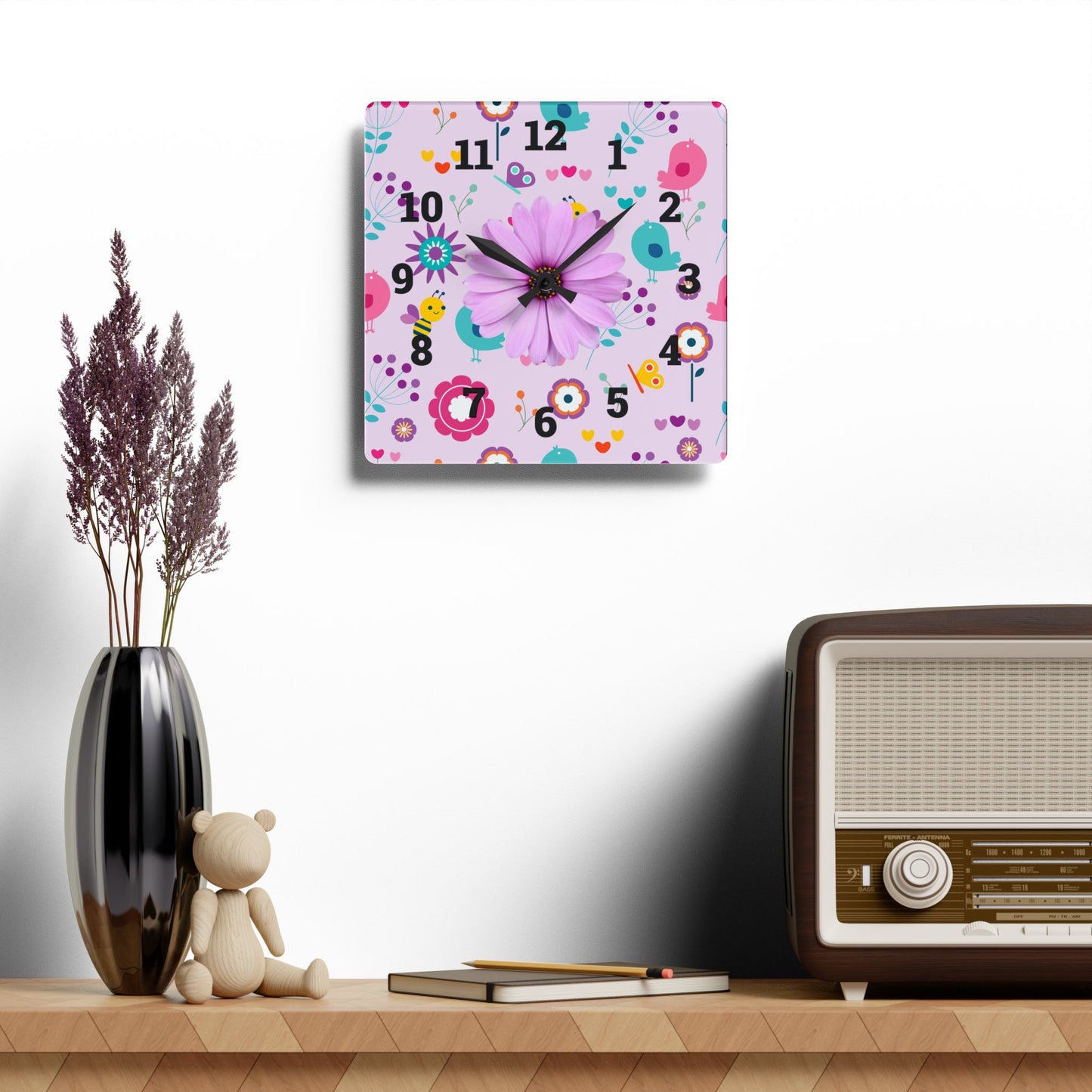 Whimsical Floral Acrylic Wall Clock, Cute Decor, Spring Vibes, Home Office Gift