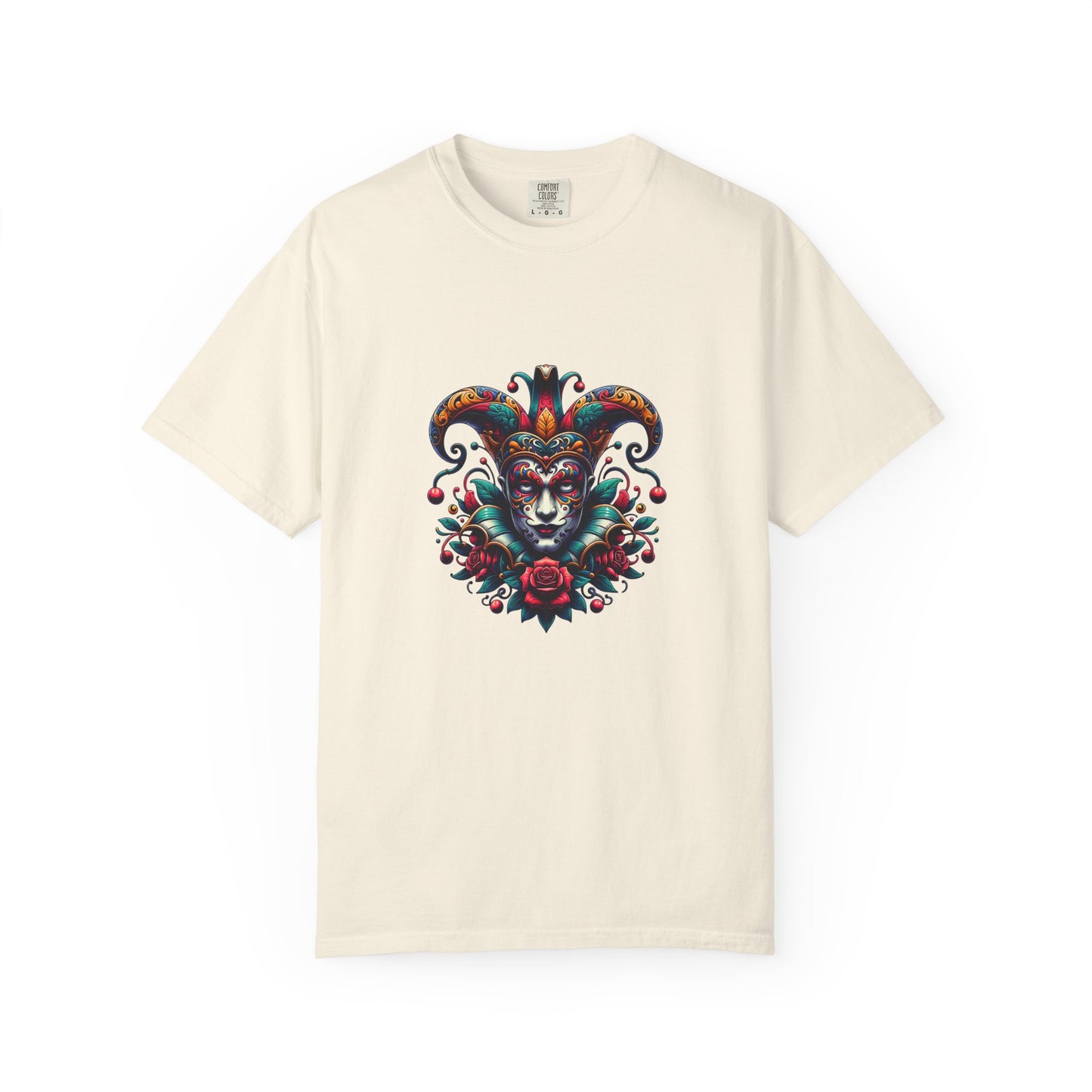 Vibrant Unisex Garment-Dyed T-shirt Featuring Colorful Jester Design, Festival Fashion