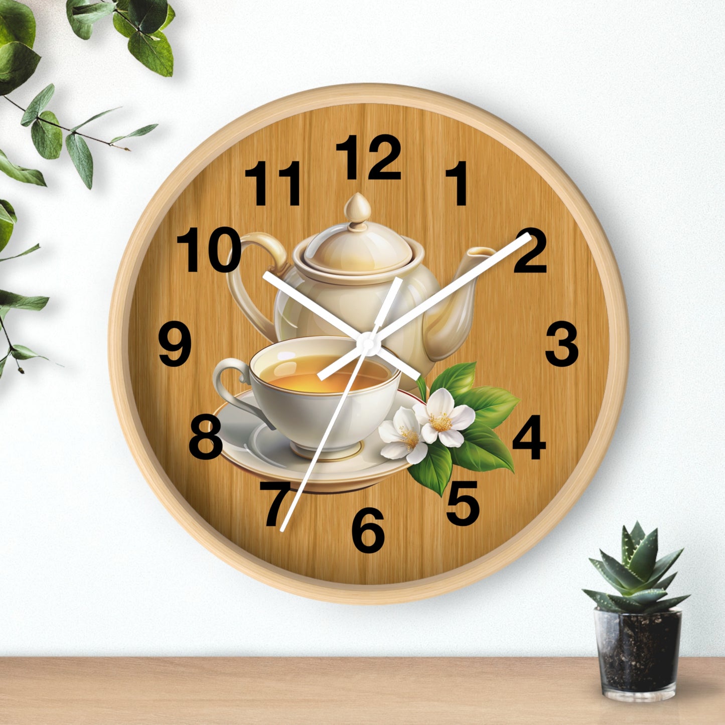 Tea Time Wall Clock, Rustic Kitchen Decor, Gift for Tea Lovers, Home Office Accent, Floral Design