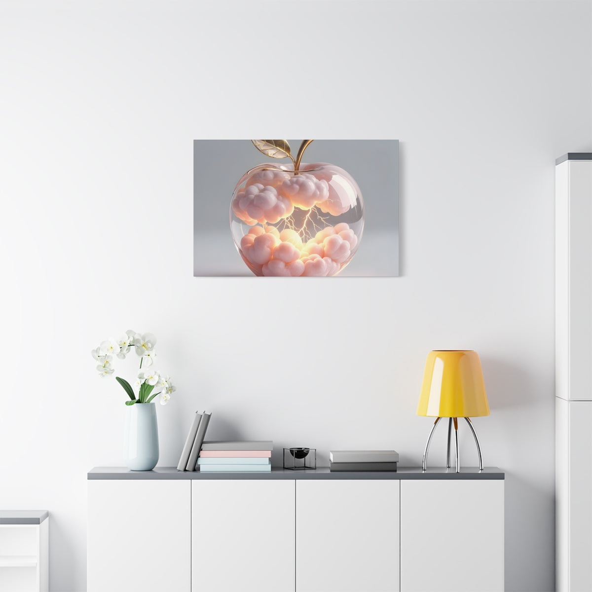 Surreal Glass Apple Canvas – Lightning & Pink Clouds Wall Art