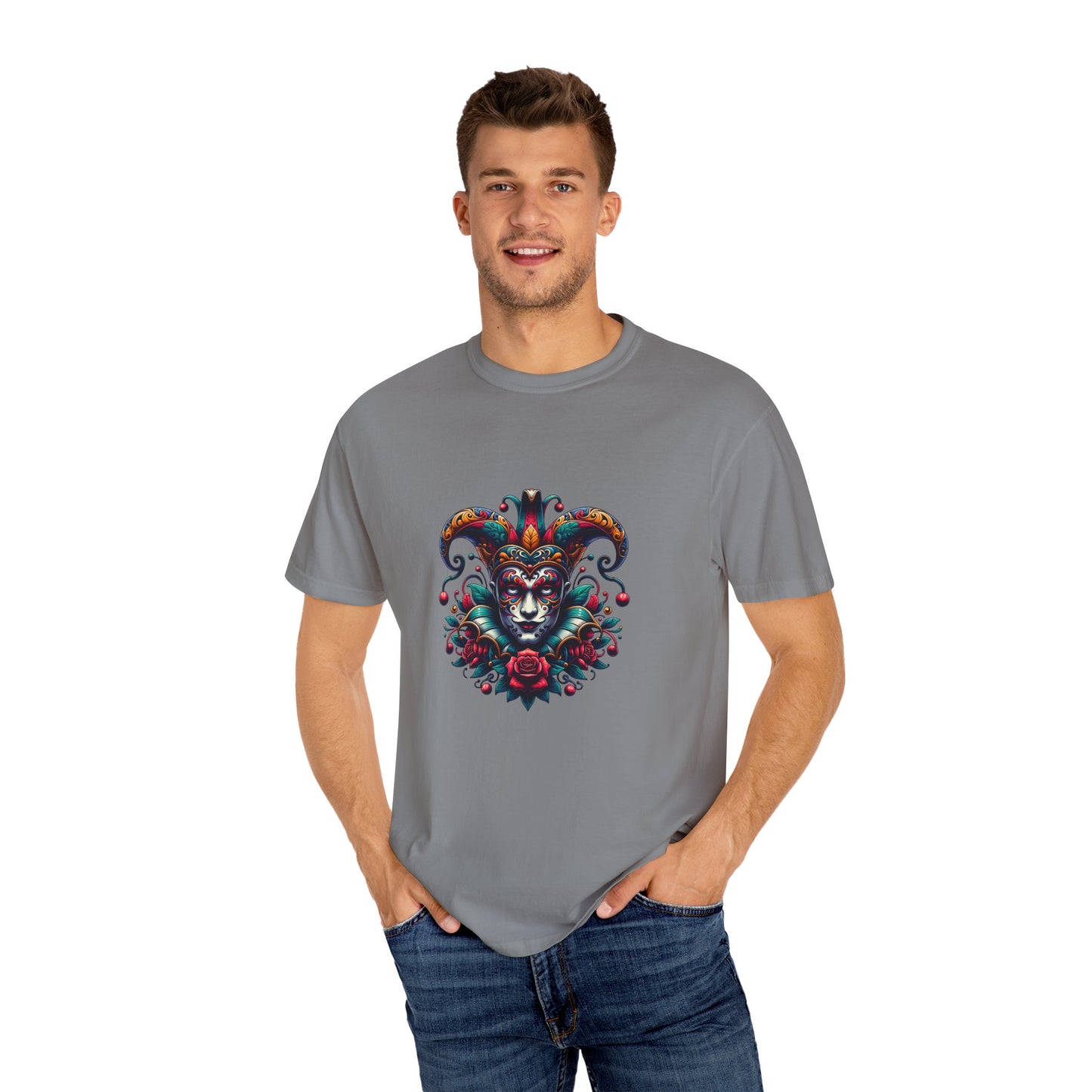 Vibrant Unisex Garment-Dyed T-shirt Featuring Colorful Jester Design, Festival Fashion